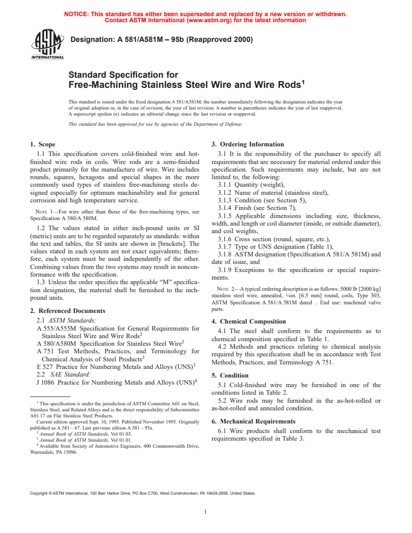 ASTM A581/A581M-95b(2000) - Standard Specification for Free-Machining Stainless Steel Wire and Wire Rods