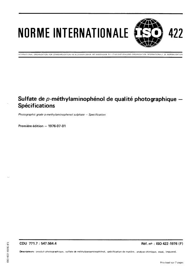 ISO 422:1976 - Sulfate de p-méthylaminophénol de qualité photographique -- Spécifications