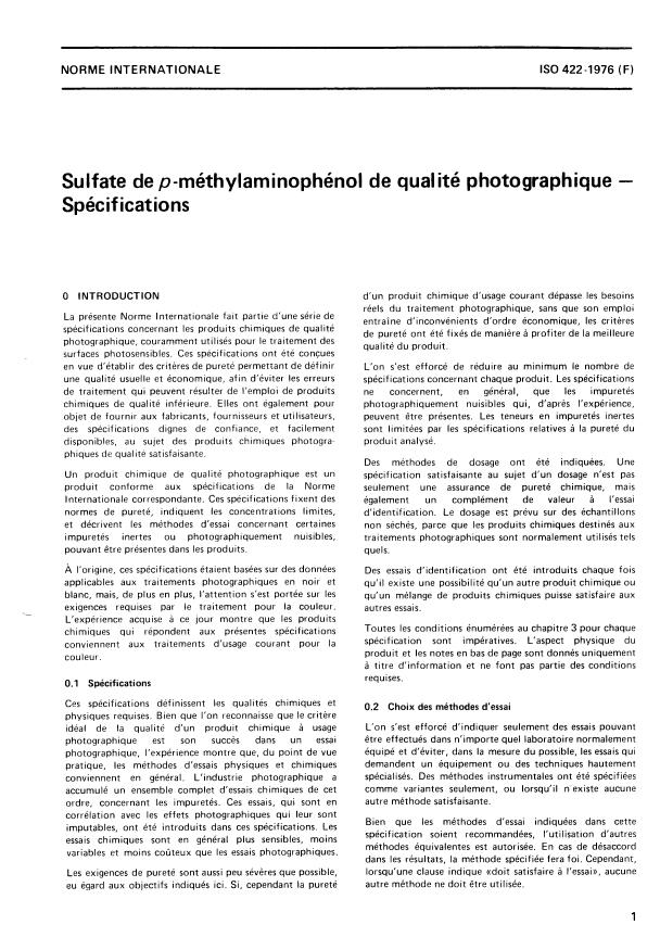 ISO 422:1976 - Sulfate de p-méthylaminophénol de qualité photographique -- Spécifications