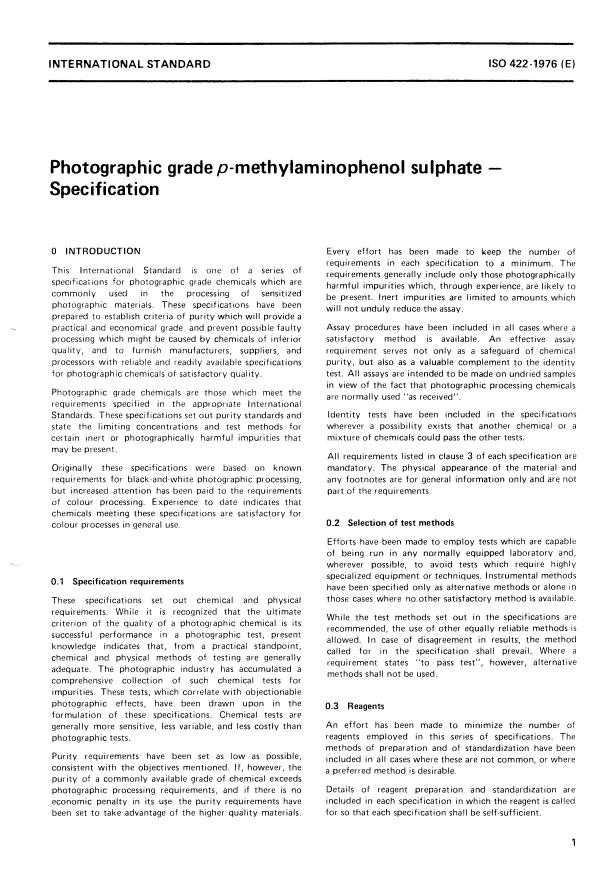 ISO 422:1976 - Photographic grade p-methylaminophenol sulphate -- Specification