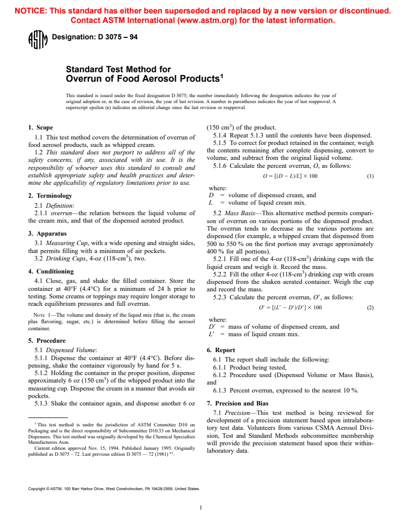 ASTM D3075-94 - Standard Test Method for Overrun of Food Aerosol Products (Withdrawn 2001)