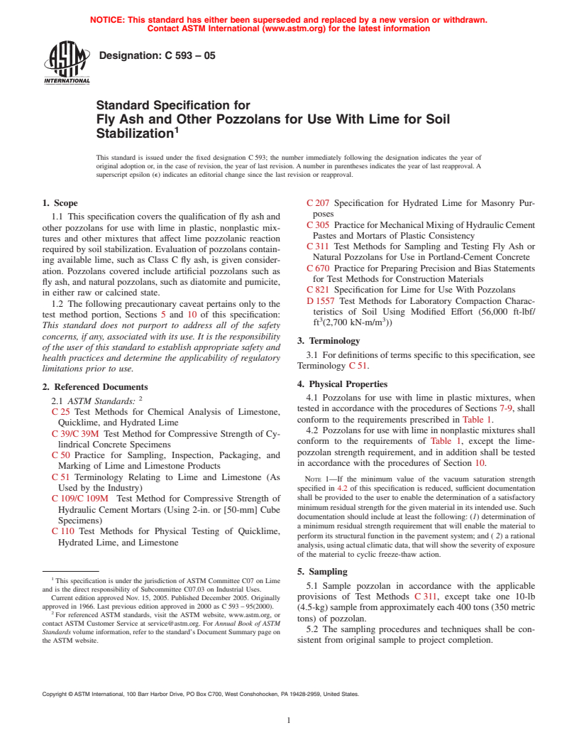 ASTM C593-05 - Standard Specification for Fly Ash and Other Pozzolans for Use With Lime for Soil Stabilization