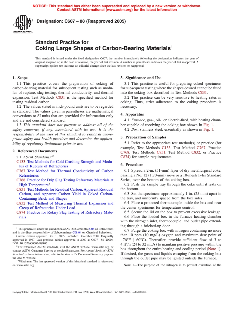 ASTM C607-88(2005) - Standard Practice for Coking Large Shapes of Carbon-Bearing Materials