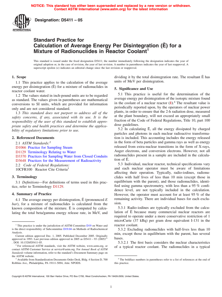 ASTM D5411-05 - Standard Practice for Calculation of Average Energy Per Disintegration (E) for a Mixture of Radionuclides in Reactor Coolant