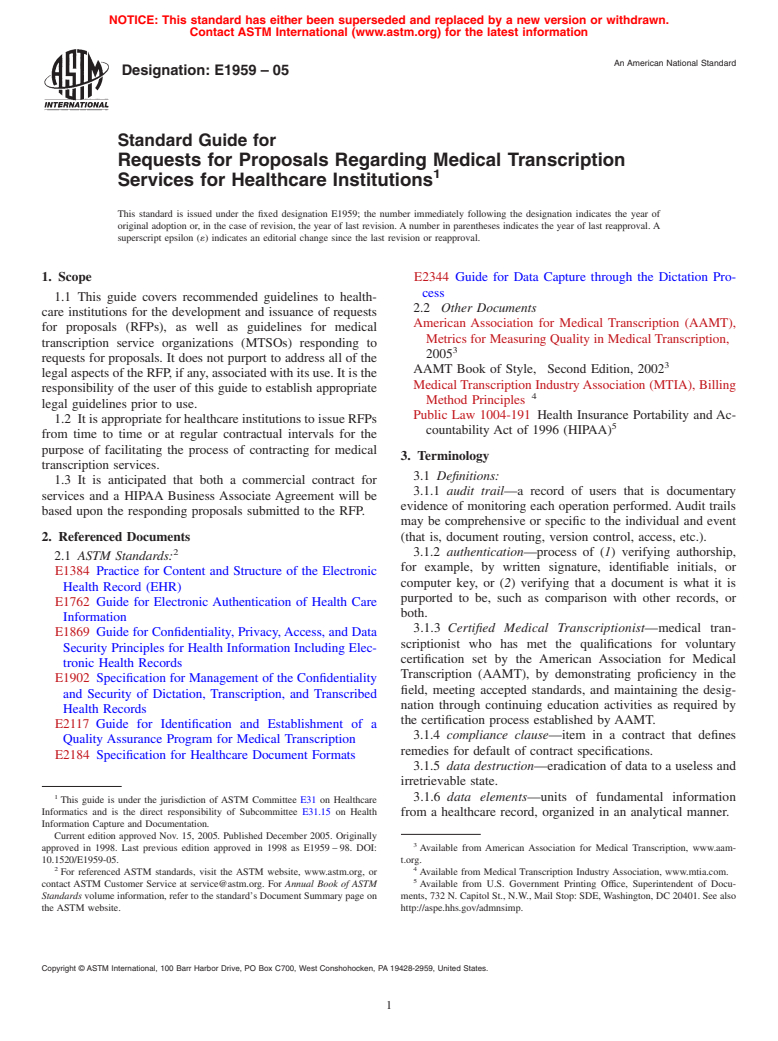 ASTM E1959-05 - Standard Guide for Requests for Proposals Regarding Medical Transcription Services for Healthcare Institutions