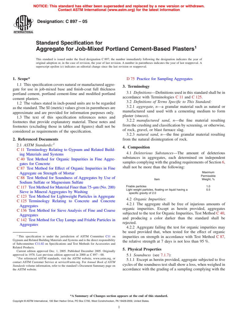 ASTM C897-05 - Standard Specification for Aggregate for Job-Mixed Portland Cement-Based Plasters