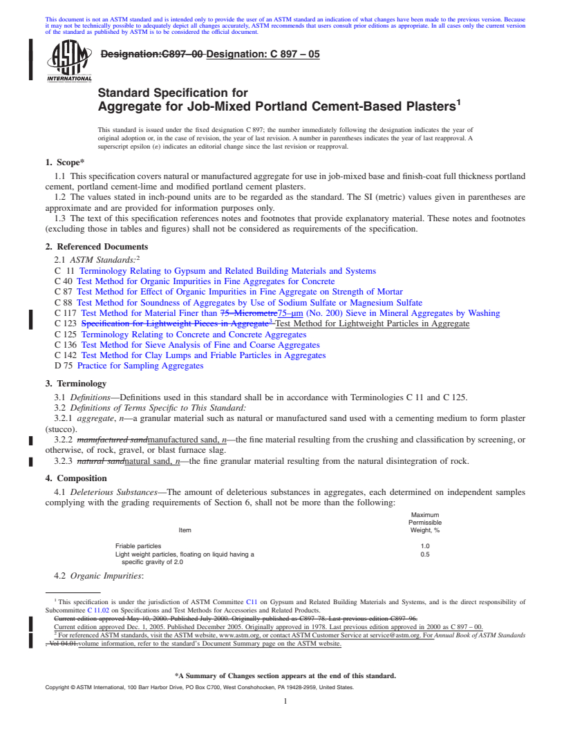 REDLINE ASTM C897-05 - Standard Specification for Aggregate for Job-Mixed Portland Cement-Based Plasters