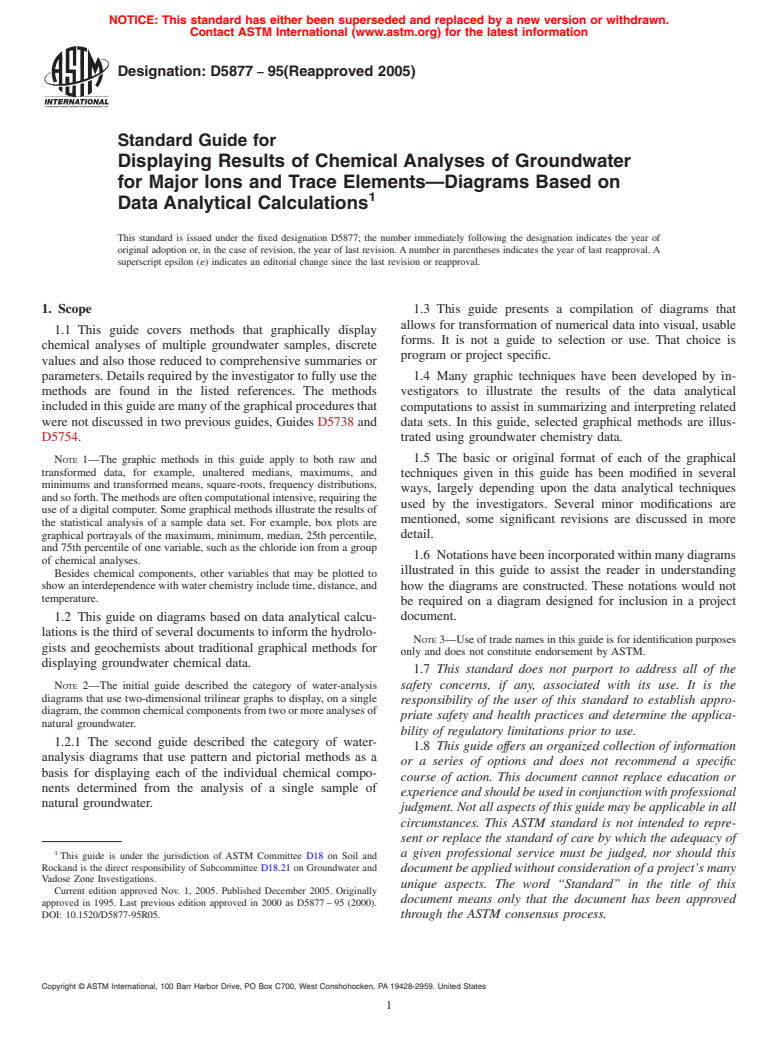 ASTM D5877-95(2005) - Standard Guide for  Displaying Results of Chemical Analyses of Groundwater for Major Ions and Trace Elements<char: emdash>Diagrams Based on Data Analytical Calculations (Withdrawn 2014)