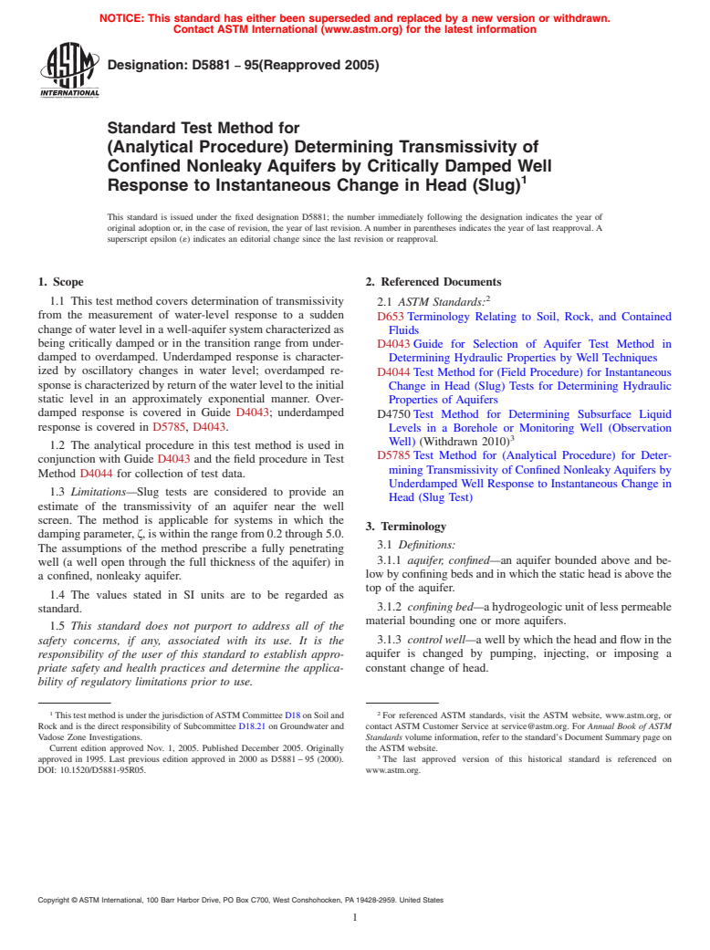 ASTM D5881-95(2005) - Standard Test Method for  (Analytical Procedure) Determining Transmissivity of Confined Nonleaky Aquifers by Critically Damped Well Response to Instantaneous Change in Head  (Slug)