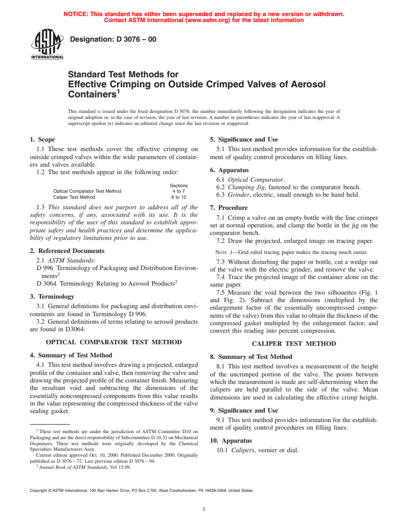 ASTM D3076-00 - Standard Test Methods for Effective Crimping on Outside Crimped Valves of Aerosol Containers