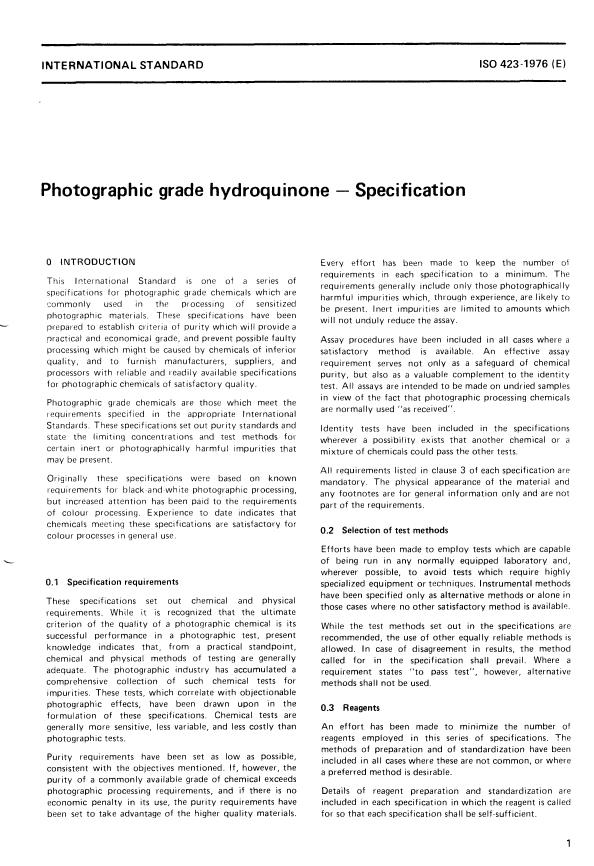 ISO 423:1976 - Photographic grade hydroquinone -- Specification