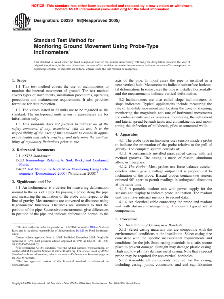 ASTM D6230-98(2005) - Standard Test Method for Monitoring Ground Movement Using Probe-Type Inclinometers