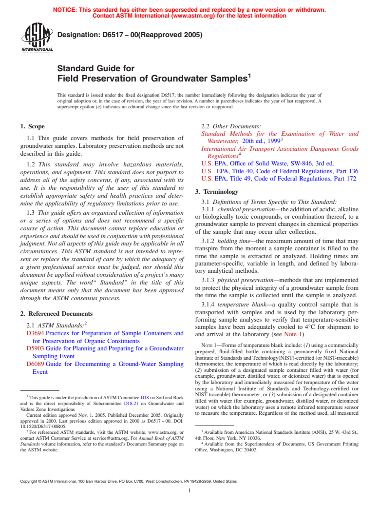 ASTM D6517-00(2005) - Standard Guide for Field Preservation of Groundwater Samples