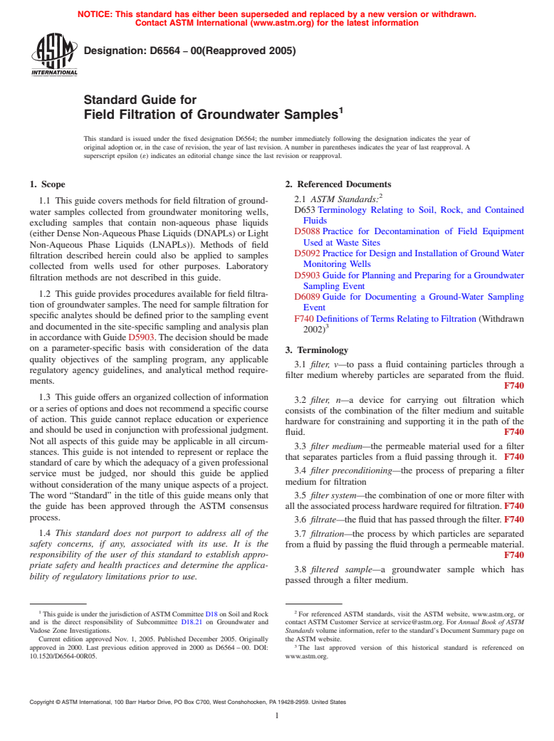 ASTM D6564-00(2005) - Standard Guide for Field Filtration of Groundwater Samples