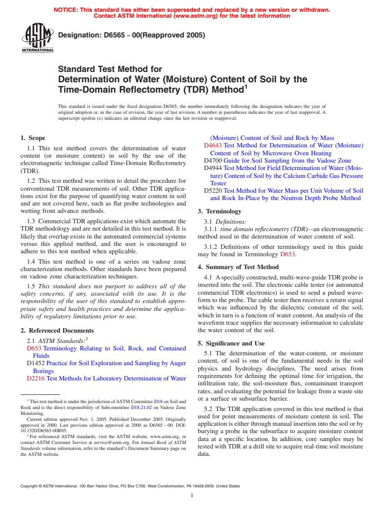 ASTM D6565-00(2005) - Standard Test Method for Determination of Water (Moisture) Content of Soil by the Time-Domain Reflectometry (TDR) Method (Withdrawn 2014)