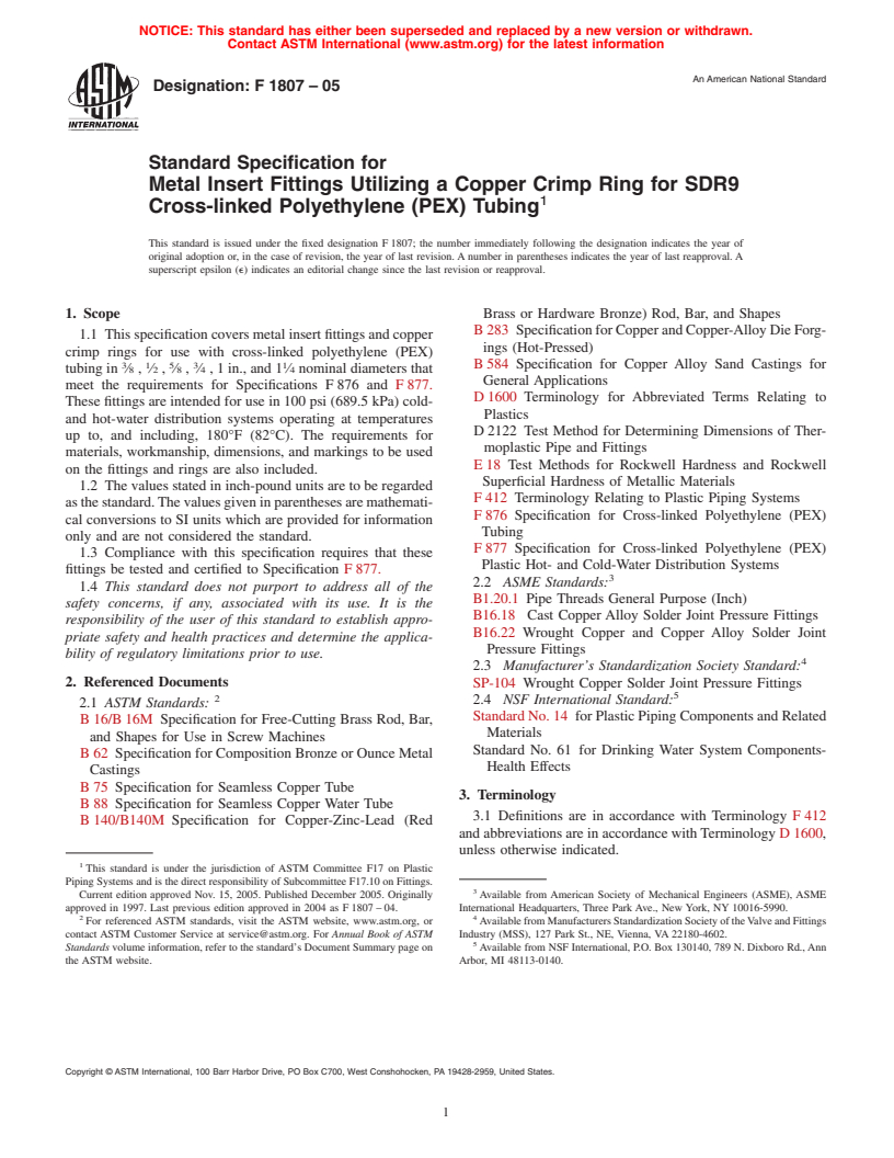 ASTM F1807-05 - Standard Specification for Metal Insert Fittings Utilizing a Copper Crimp Ring for SDR9 Cross-linked Polyethylene (PEX) Tubing