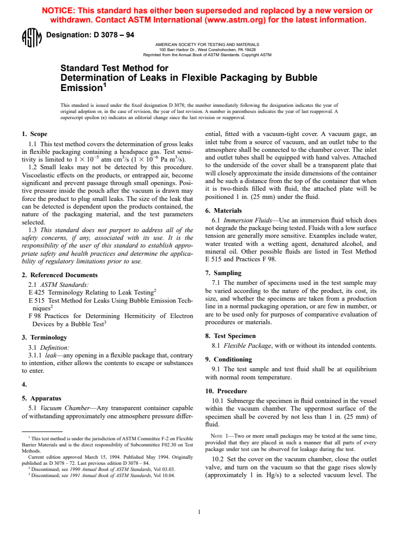 ASTM D3078-94 - Standard Test Method for Determination of Leaks in Flexible Packaging by Bubble Emission