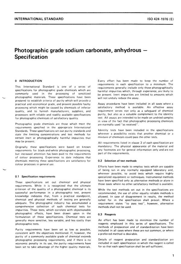 ISO 424:1976 - Photographic grade sodium carbonate, anhydrous -- Specification