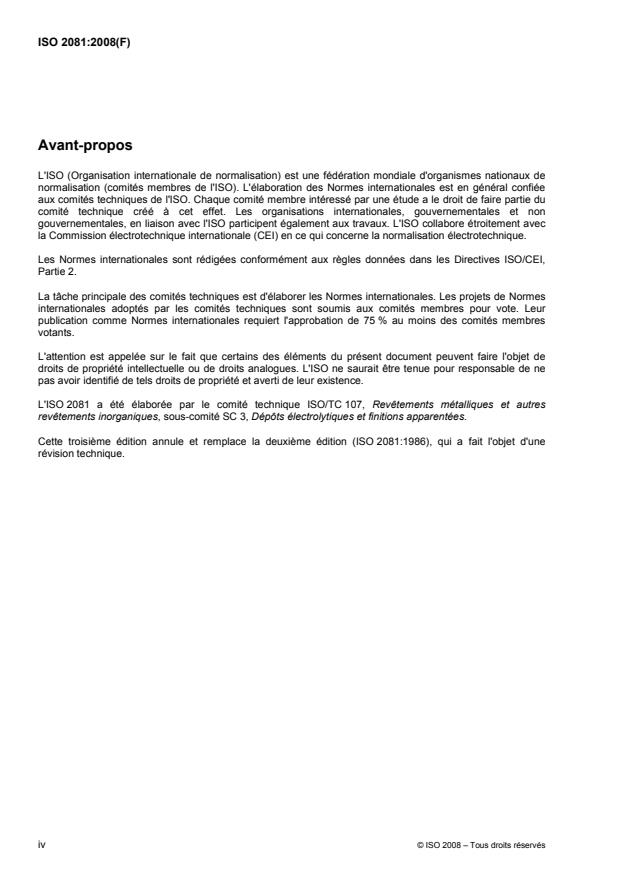 ISO 2081:2008 ISO 2081:2008 - Revetements métalliques et autres revetements inorganiques -- Dépôts électrolytiques de zinc avec traitements supplémentaires sur fer ou acier - Page 4 preview