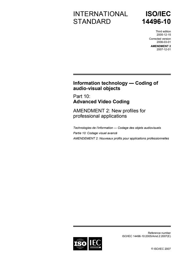 ISO/IEC 14496-10:2005/Amd 2:2007 - New profiles for professional applications