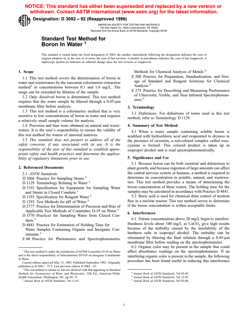 ASTM D3082-92(1996) - Standard Test Method for Boron In Water