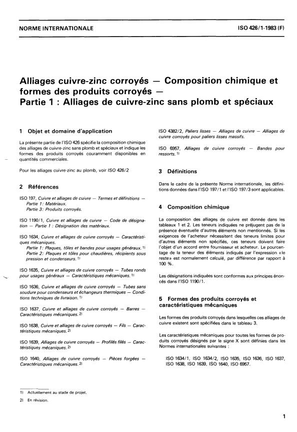 ISO 426-1:1983 - Alliages cuivre-zinc corroyés -- Composition chimique et formes des produits corroyés