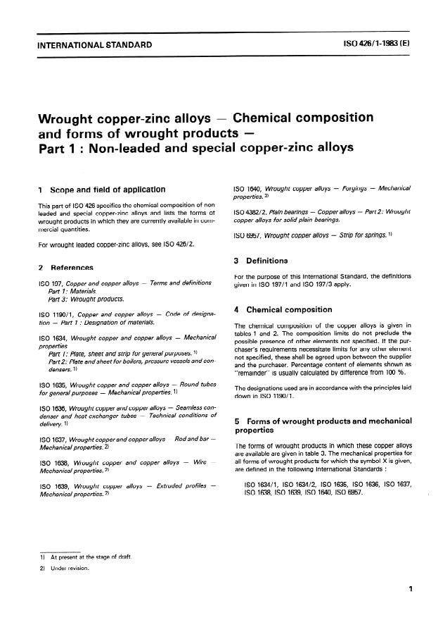 ISO 426-1:1983 - Wrought copper-zinc alloys -- Chemical composition and forms of wrought products