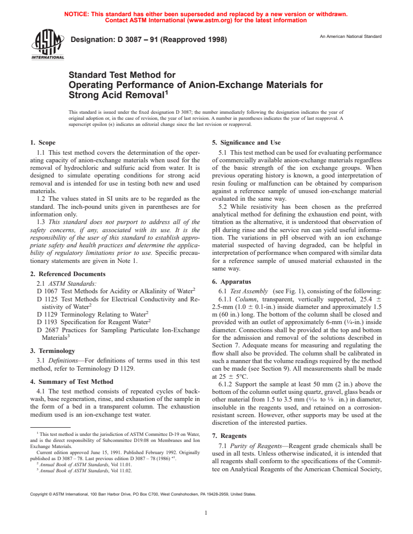 ASTM D3087-91(1998) - Standard Test Method for Operating Performance of Anion-Exchange Materials for Strong Acid Removal