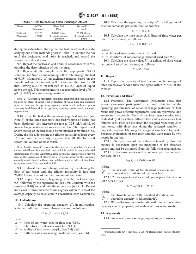 ASTM D3087-91(1998) - Standard Test Method for Operating Performance of Anion-Exchange Materials for Strong Acid Removal