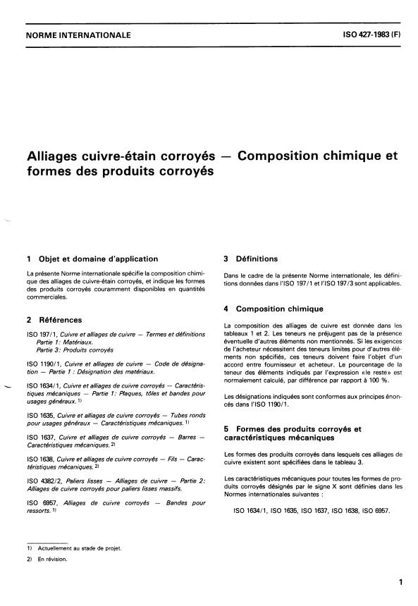 ISO 427:1983 - Alliages cuivre-étain corroyés -- Composition chimique et formes des produits corroyés