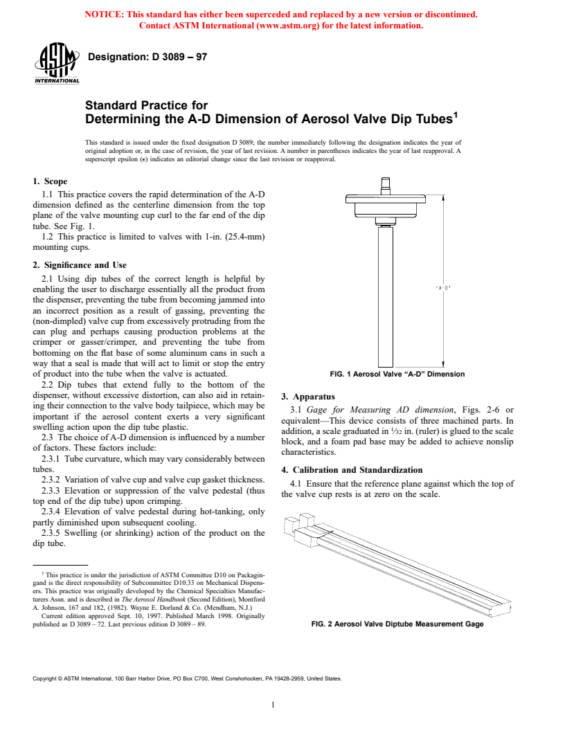 ASTM D3089-97 - Standard Practice for Determining the A-D Dimension of Aerosol Valve Dip Tubes