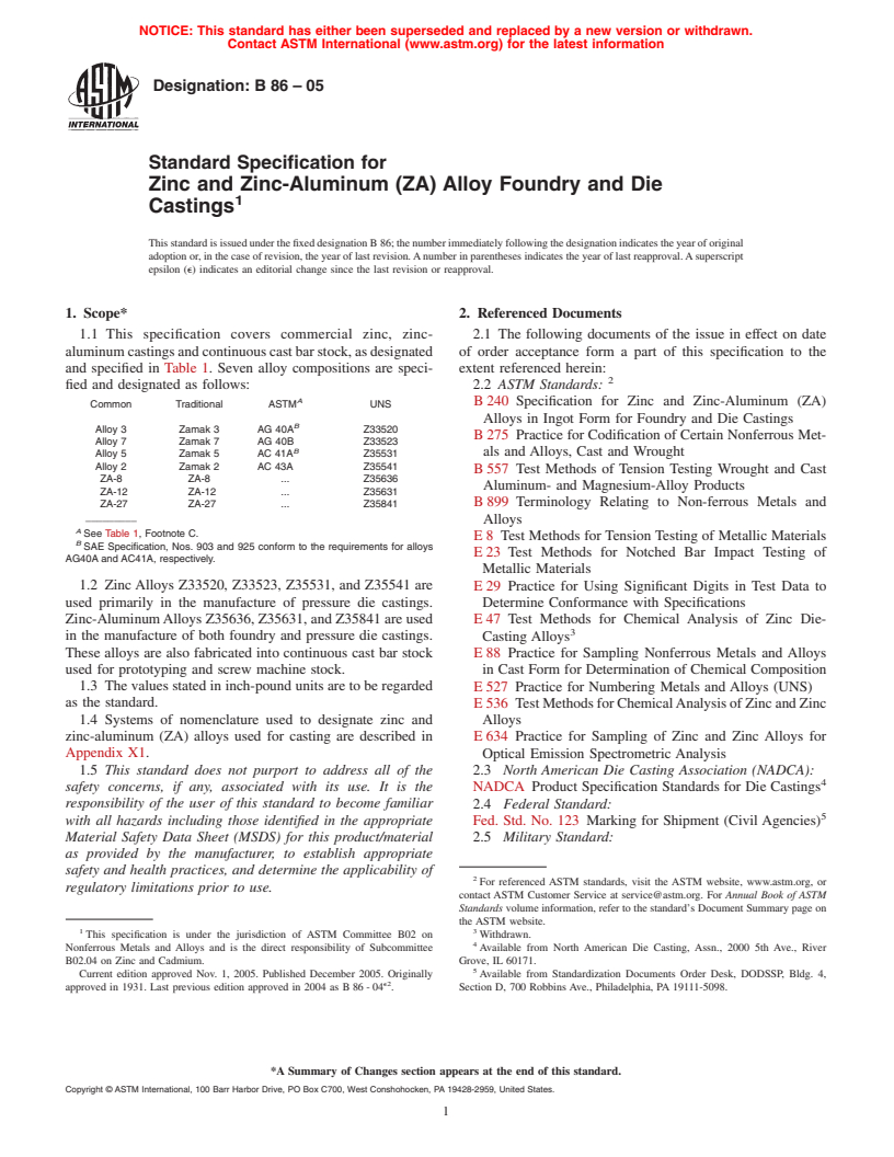 ASTM B86-05 - Standard Specification for Zinc and Zinc-Aluminum (ZA) Alloy Foundry and Die Castings