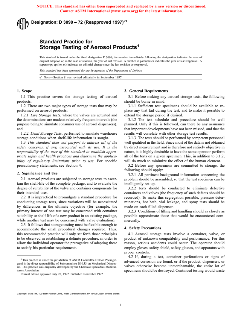 ASTM D3090-72(1997)e1 - Standard Practice for Storage Testing of Aerosol Products