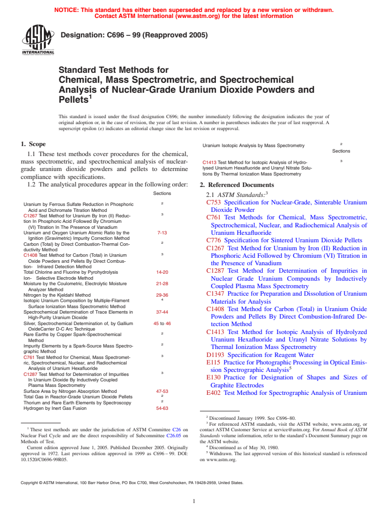 ASTM C696-99(2005) - Standard Test Methods for Chemical, Mass Spectrometric, and Spectrochemical Analysis of Nuclear-Grade Uranium Dioxide Powders and Pellets