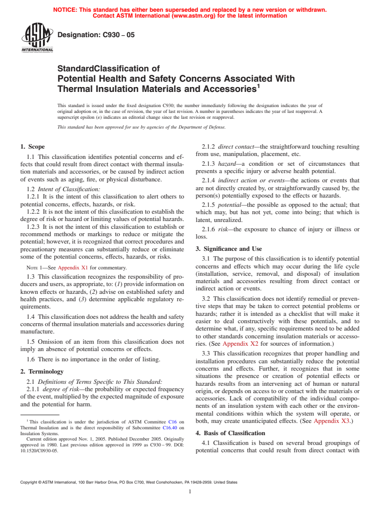 ASTM C930-05 - Standard Classification of Potential Health and Safety Concerns Associated With Thermal Insulation Materials and Accessories