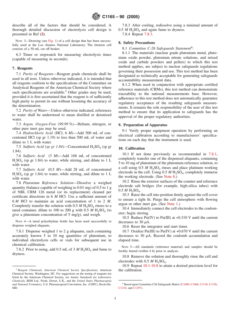 ASTM C1165-90(2005) - Standard Test Method for Determining Plutonium by Controlled-Potential Coulometry in H<sub>2</sub>SO<sub>4</sub> at a Platinum Working Electrode