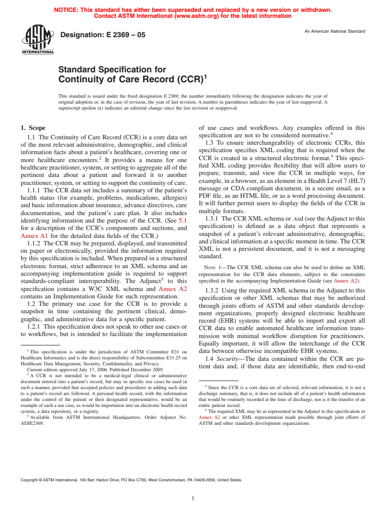 ASTM E2369-05 - Standard Specification for Continuity of Care Record (CCR)