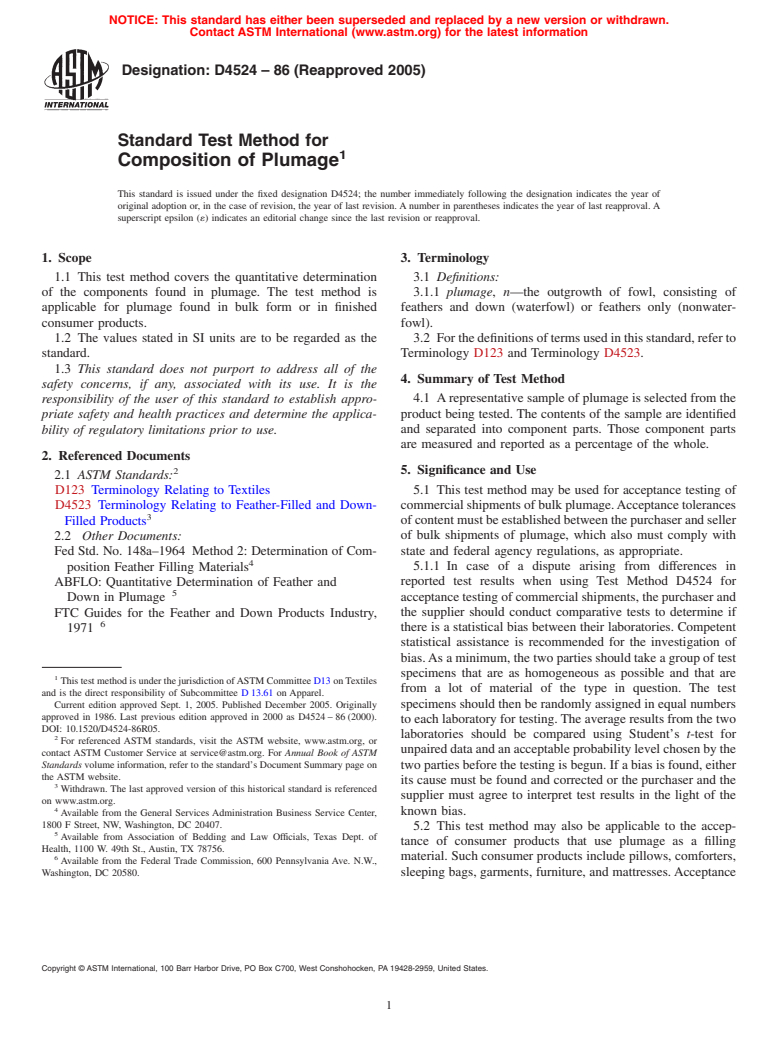 ASTM D4524-86(2005) - Standard Test Method for Composition of Plumage