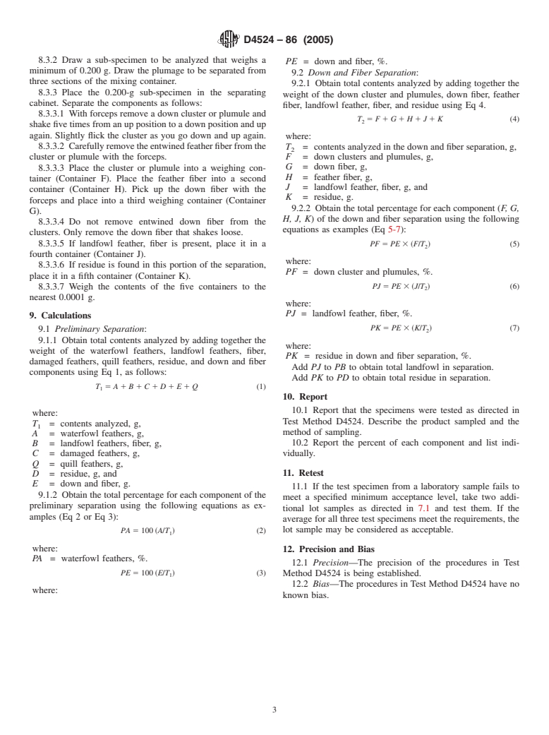 ASTM D4524-86(2005) - Standard Test Method for Composition of Plumage