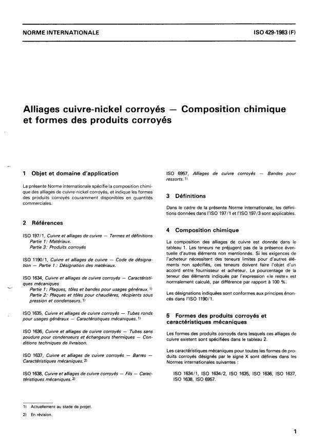 ISO 429:1983 - Alliages cuivre-nickel corroyés -- Composition chimique et formes des produits corroyés