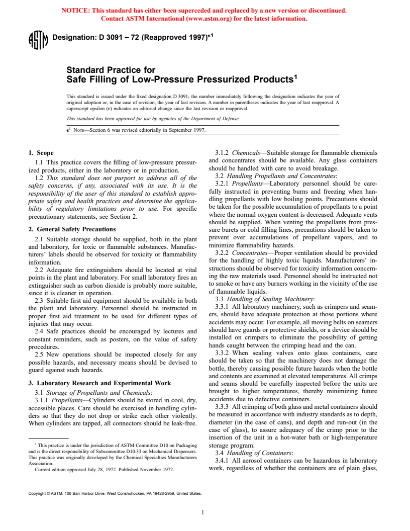 ASTM D3091-72(1997)e1 - Standard Practice for Safe Filling of Low-Pressure Pressurized Products