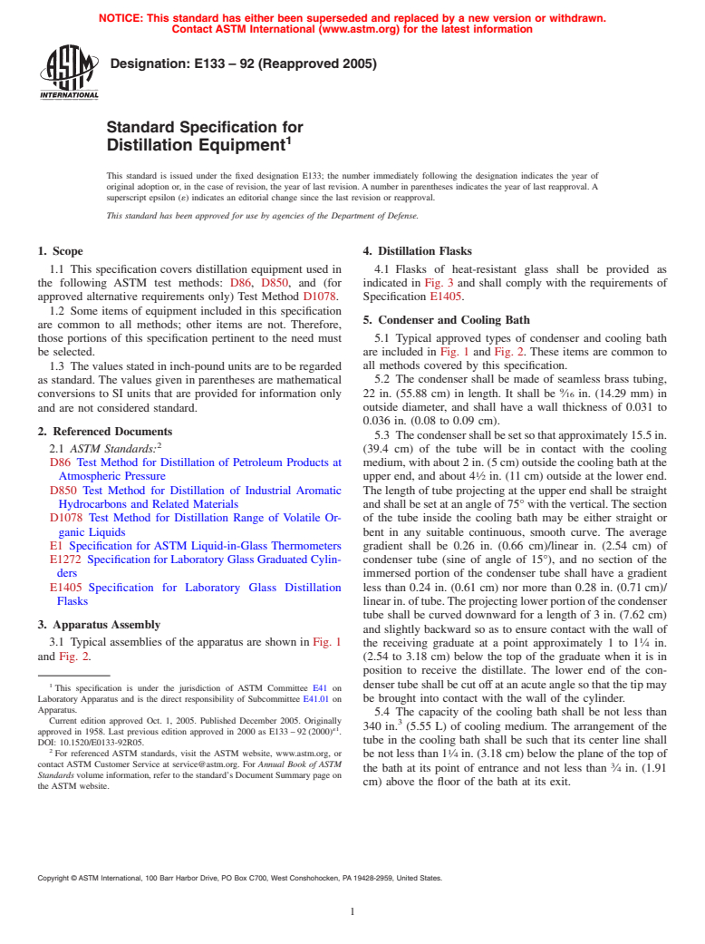 ASTM E133-92(2005) - Standard Specification for Distillation Equipment