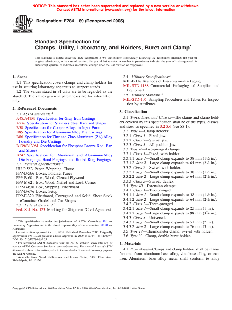 ASTM E784-89(2005) - Standard Specification for Clamps, Utility, Laboratory, and Holders, Buret and Clamp