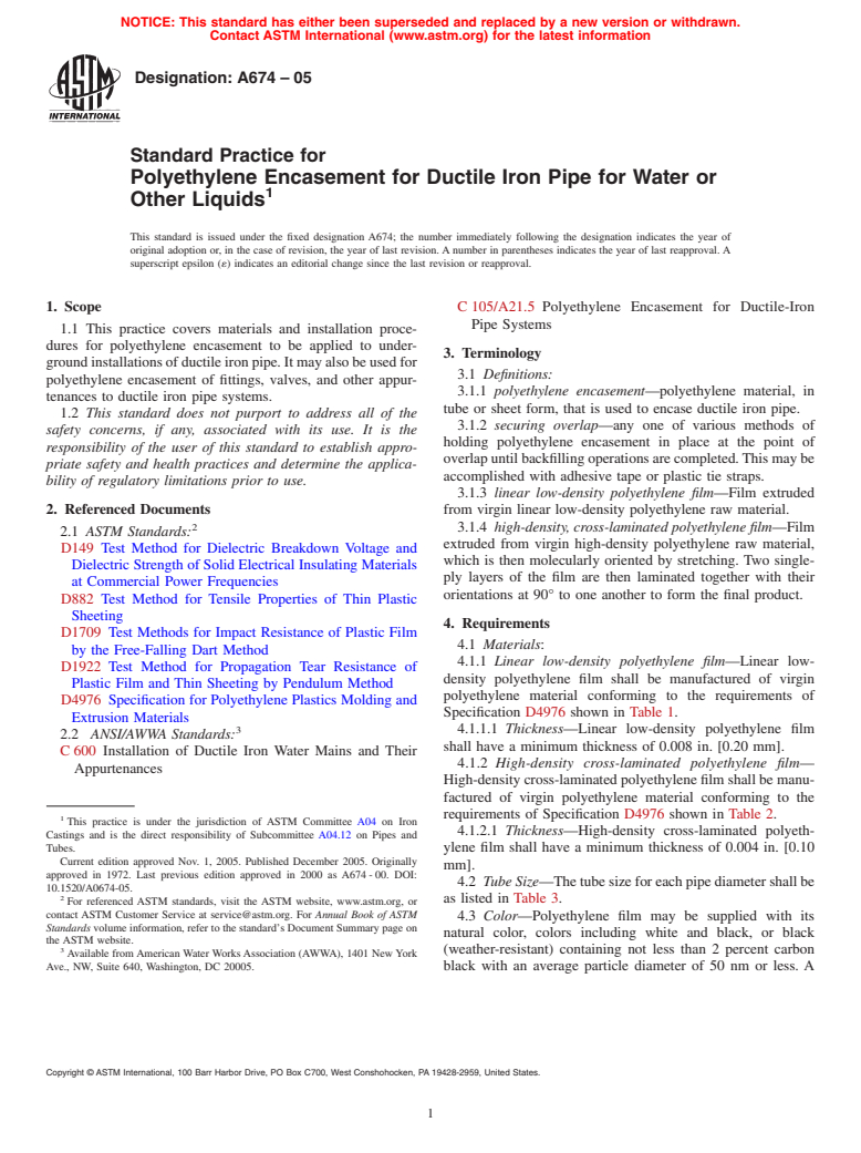 ASTM A674-05 - Standard Practice for Polyethylene Encasement for Ductile Iron Pipe for Water or Other Liquids