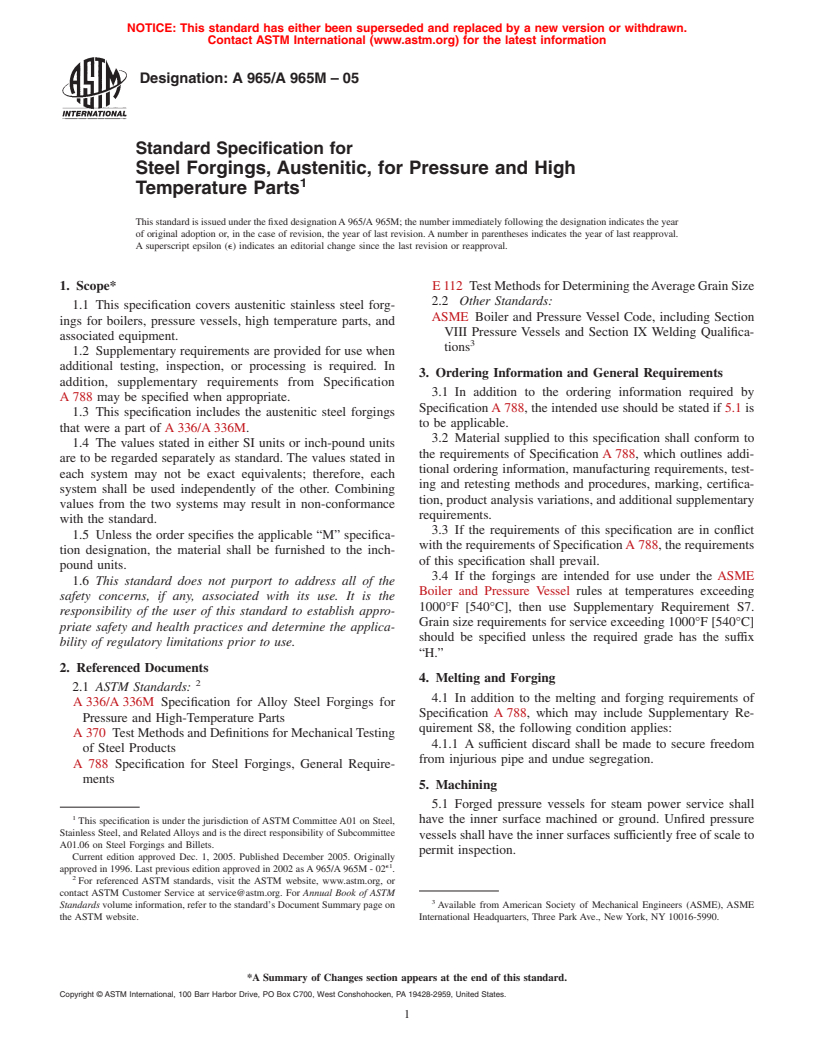 ASTM A965/A965M-05 - Standard Specification for Steel Forgings, Austenitic, for Pressure and High Temperature Parts