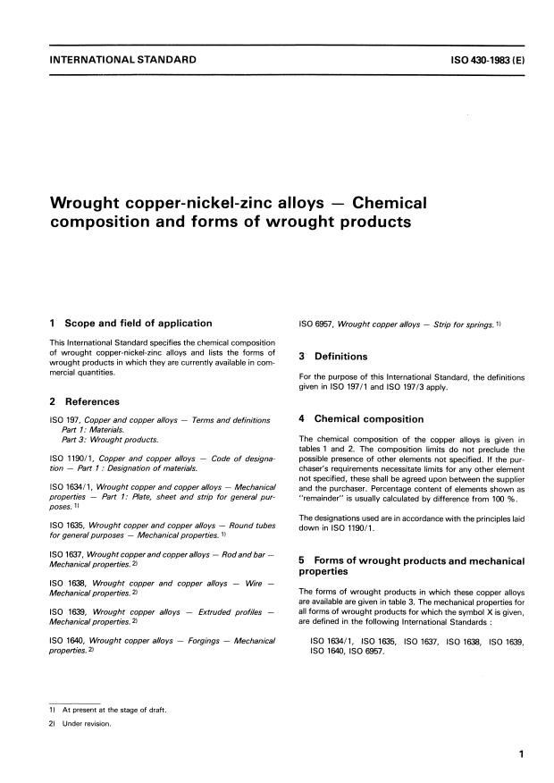 ISO 430:1983 - Wrought copper-nickel-zinc alloys -- Chemical composition and forms of wrought products