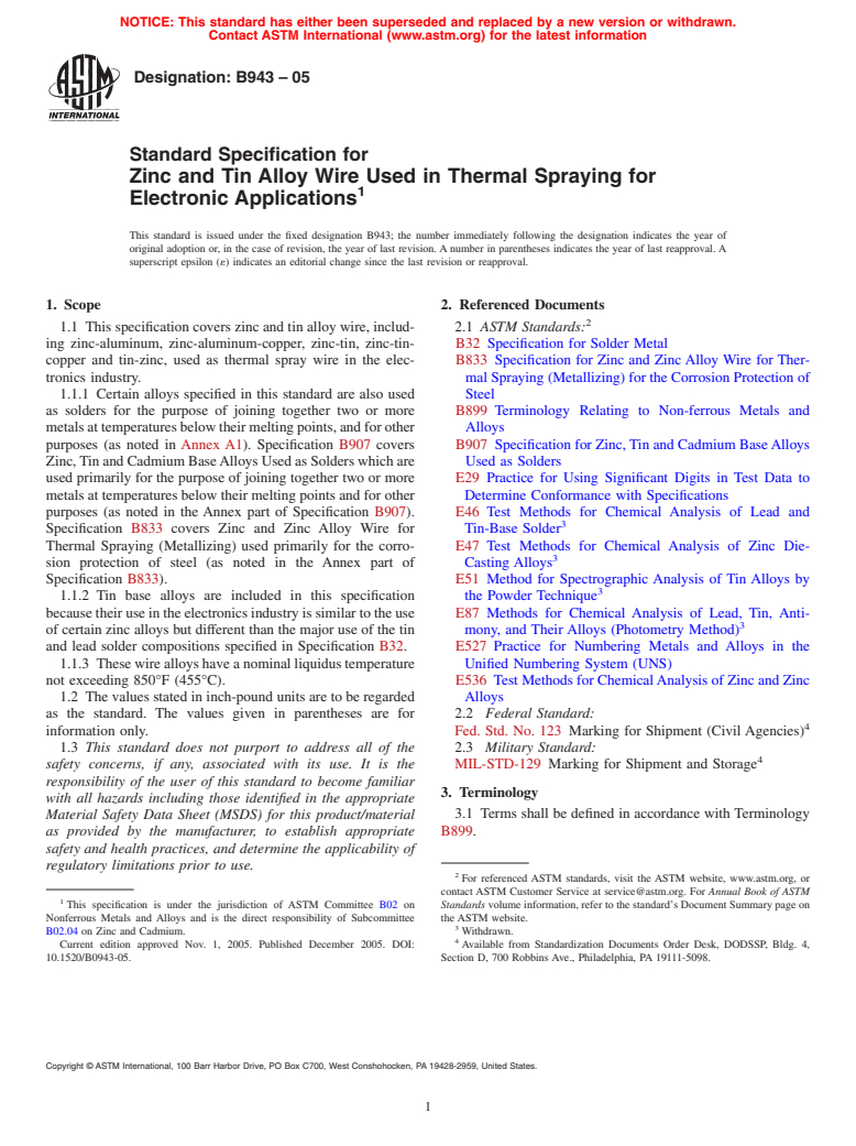 ASTM B943-05 - Standard Specification for Zinc and Tin Alloy Wire Used in Thermal Spraying for Electronic Applications