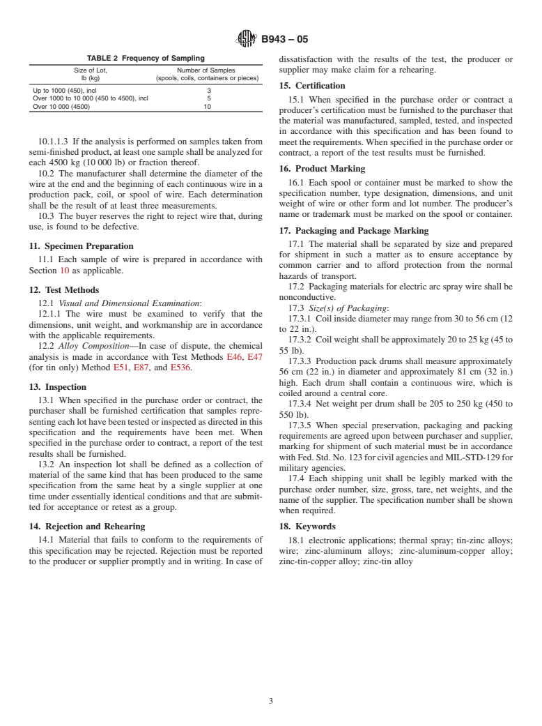 ASTM B943-05 - Standard Specification for Zinc and Tin Alloy Wire Used in Thermal Spraying for Electronic Applications