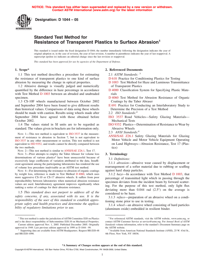 ASTM D1044-05 - Standard Test Method for Resistance of Transparent Plastics to Surface Abrasion