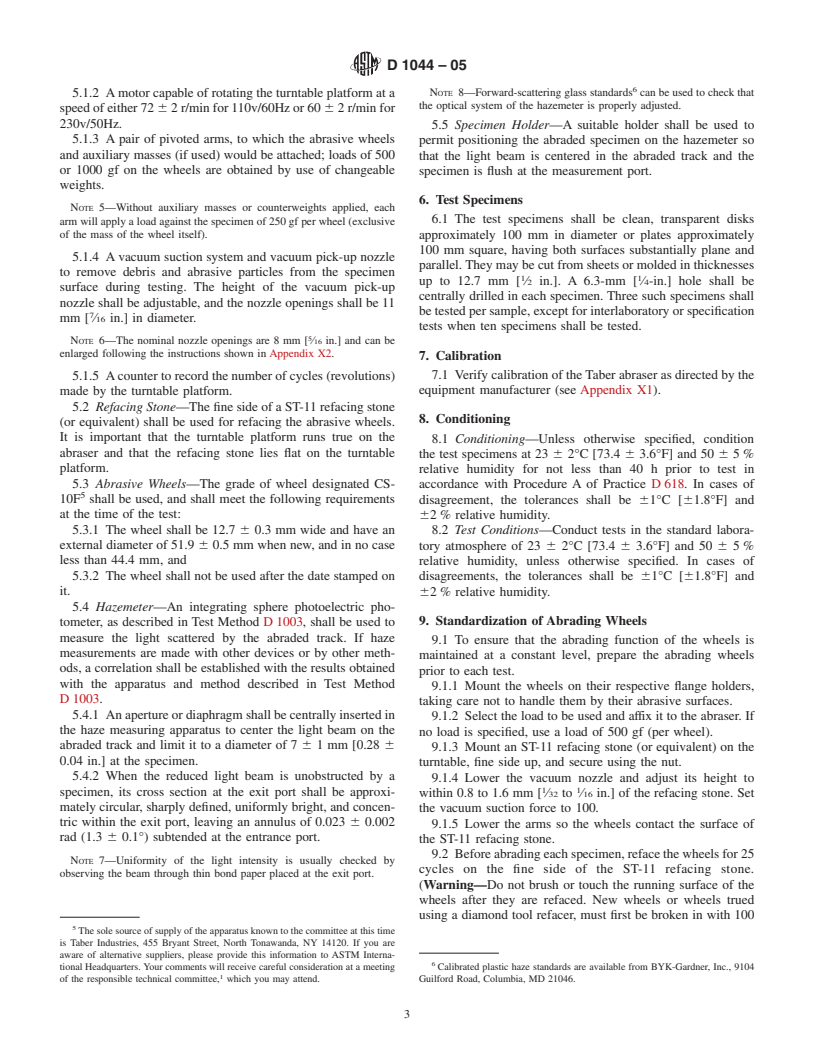 ASTM D1044-05 - Standard Test Method for Resistance of Transparent Plastics to Surface Abrasion